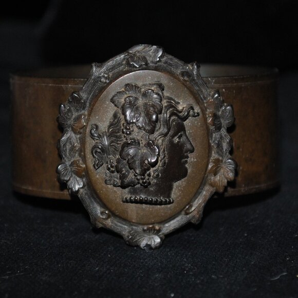 Jewelry - Rare Antique Victorian Mourning Vulcanite Bacchante Cameo Wide Cuff Bracelet
